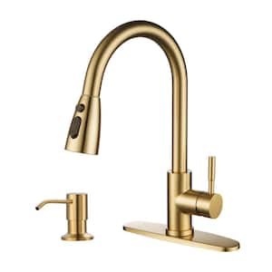 Single Handle Pull Down Sprayer Kitchen Faucet with 3-Function Sprayer and Soap Dispenser in Brushed Gold