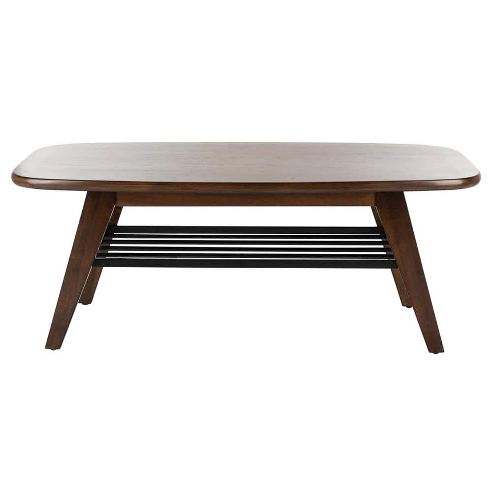 Transitional Dark Walnut Rectangular Coffee Table with Black Metal Storage Rack