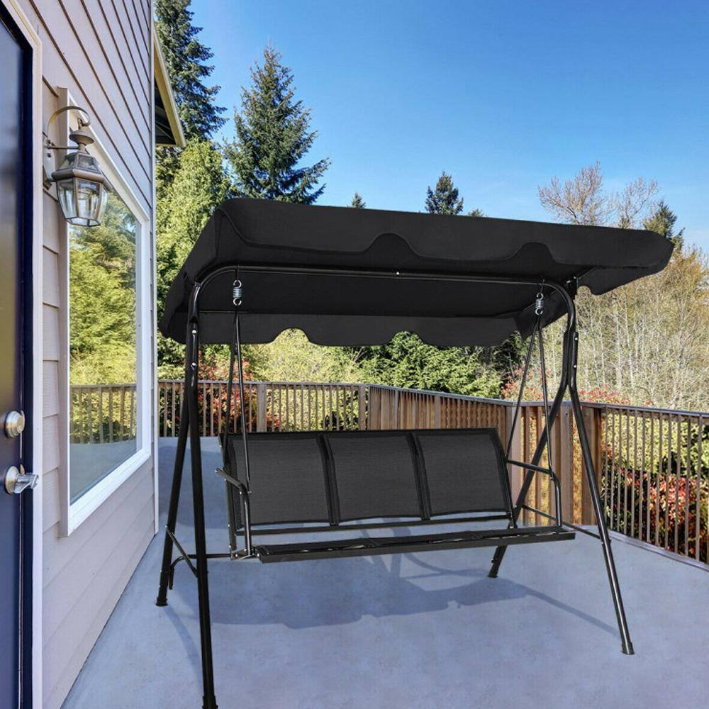 Black Powder Coated Steel 3-Person Outdoor Patio Swing with Adjustable Canopy