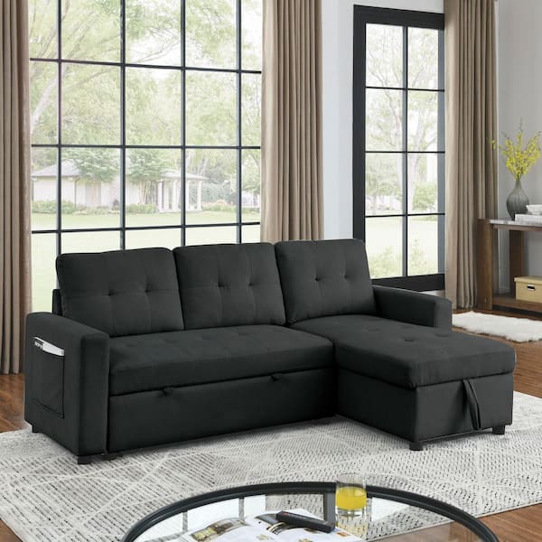 Black 78.5 in. Reversible Polyester Full Size Sectional Sofa Bed with Storage Chaise and Side Pocket