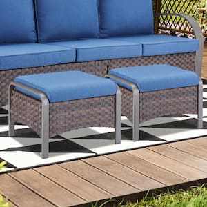 ArcMetal Metal and Brown Wicker Outdoor Ottoman with Olefin Navy Blue Cushion (2-Pack)