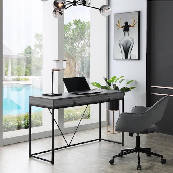 Loft Lyfe Emberlyn 19.7 in. Wide Rectangular Grey/Black Wooden 2-Drawers Writing Desk with Steel Legs