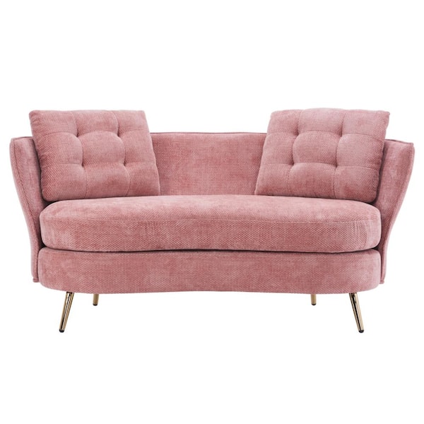 anpport 64.2 in. Pink Velvet 2-Seater Loveseat with Golden Legs and 2-Pillows