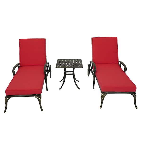 Boyel Living Bronze Aluminum Outdoor Chaise Lounge with Red Cushion and Cast Aluminum Side Table