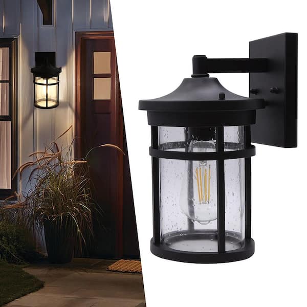 1-Light 11 in. Black Hardwired Outdoor Wall Light Lantern Porch Sconce with Clear Seedy Glass with No Bulbs Included