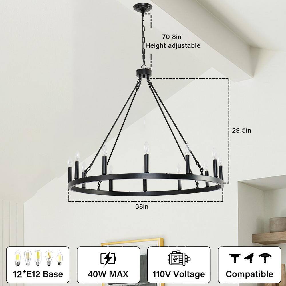 Black Metal 12-Light Outdoor Wagon Wheel Chandelier