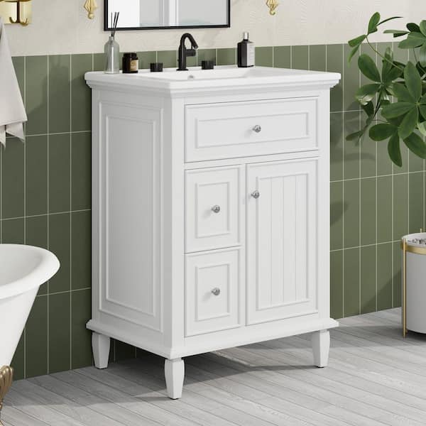 24 in. W Single Sink White Freestanding Solid Wood Bath Vanity with White Ceramic Top, Unassembled