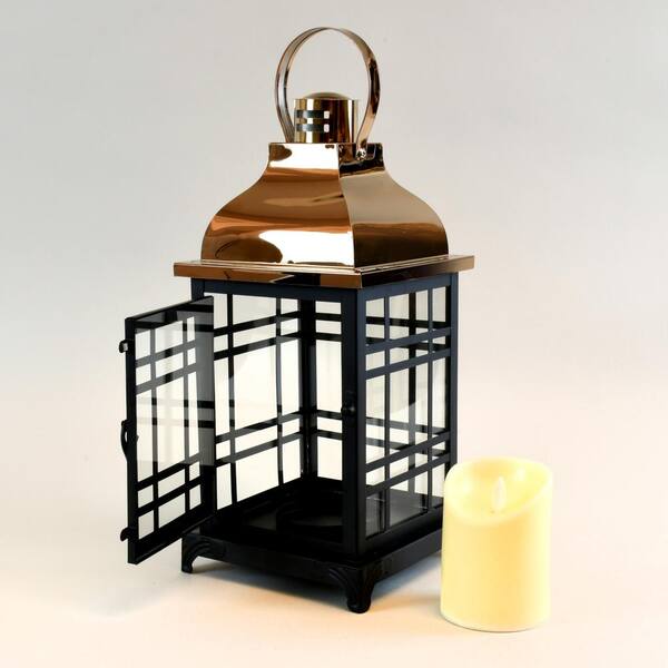 Battery Operated Lantern - Built-In Moving Flame - Black/Gold - 13in