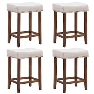 24 in. Beige Backless Nailhead Saddle Bar Stools Height with Fabric Seat and Wood Legs (Set of 4)