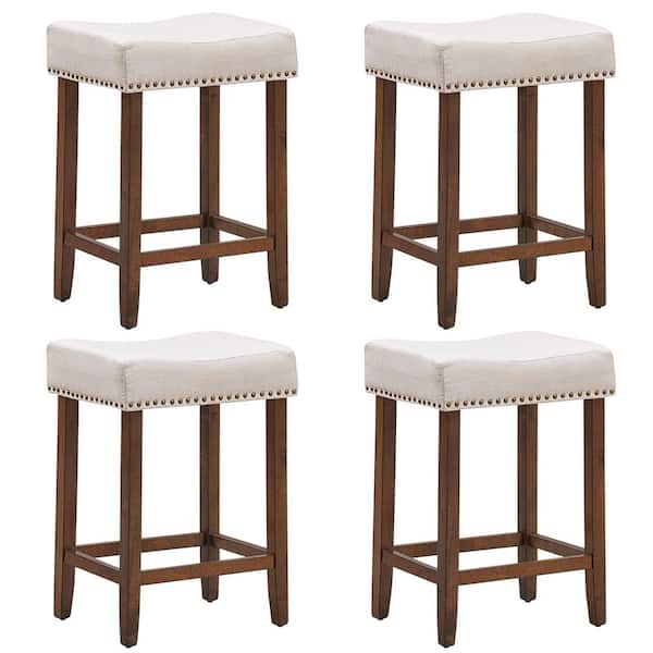 Costway 24 in. Beige Backless Nailhead Saddle Bar Stools Height with Fabric Seat and Wood Legs (Set of 4)