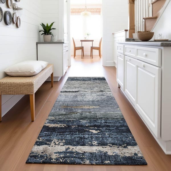 Mayfield Premium Machine Washable Abstract AMF1195 Navy 2 ft. 3 in. x 7 ft. 6 in. Runner Rug