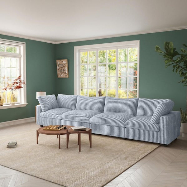 J&E Home Oversized 157.48 in. W Square Arm 4-Piece Rabbit Velvet Plush Modular Sectional Sofa with Slipcover in Gray 4-Seater