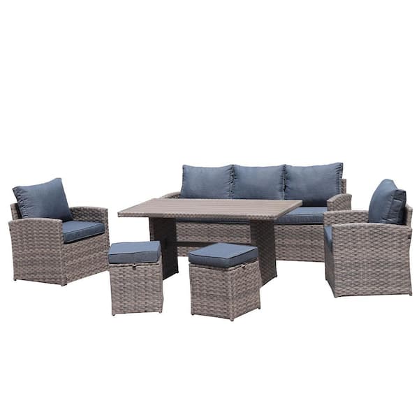 SUNRINX 6-Piece Wicker Patio Conversation Set with Cushions (Light Brown Rattan+Gray Cushion)