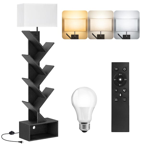 BICIK 56.7 in. Black Tree 1-Light Dimmable Floor Lamp for Living Room with Fabric Rectangular Shade