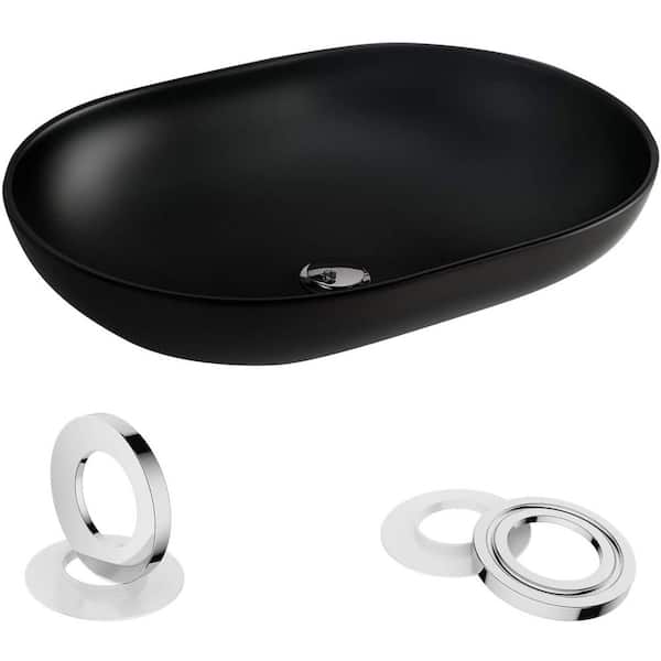 EPOWP Artistic Glass Oval Vessel Sink in Black with Pop-Up Drain