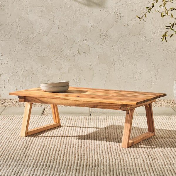 Walker Edison Furniture Company Natural Rectangle Wood Modern Outdoor Trapezoid-Leg Coffee Table