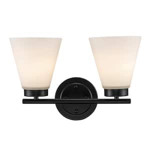 Fifer 14.5 in. 2-Light Black Bathroom Vanity Light Fixture with Frosted Glass Shades