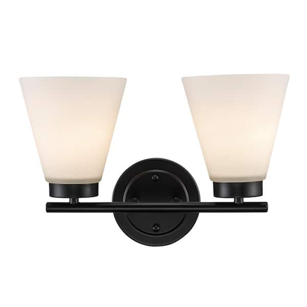 Bel Air Lighting Fifer 14.5 in. 2-Light Black Bathroom Vanity Light Fixture with Frosted Glass Shades