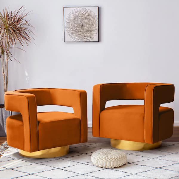 JAYDEN CREATION Bettina Contemporary Orange Velvet Comfy Swivel Barrel Chair with Open Back and Metal Base (Set of 2)