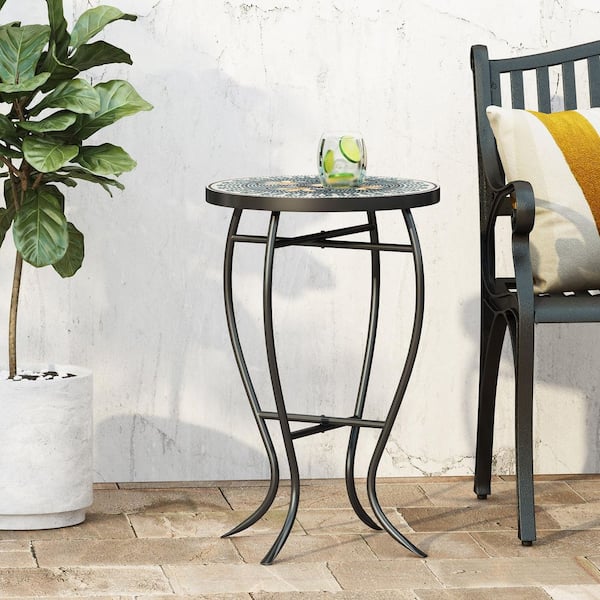 Bluebird 14 in. x 21.25 in. Teal and Yellow Round Marble Outdoor Patio End Table