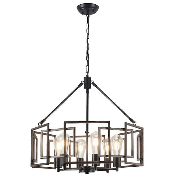 24.01 in. 6-Light Matte Black/Wood Grain Drum Chandelier with Metal Splicing Shade and No Bulbs Included For Foyer