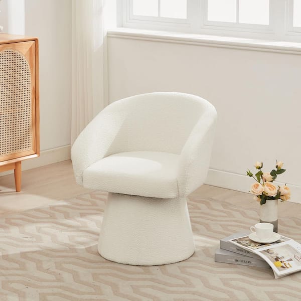Rowen Modern Cream White Boucle Fabric Upholstered Swivel Accent Armchair with Curved Backrest, Barrel Base