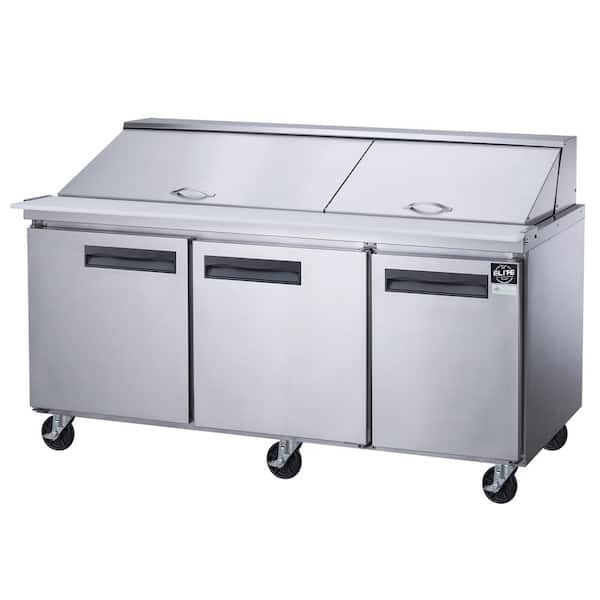 Elite Kitchen Supply 72.25 in. W 17.58 cu. ft. 3-Door Commercial Food Prep Table Refrigerator with Mega Top in Stainless Steel