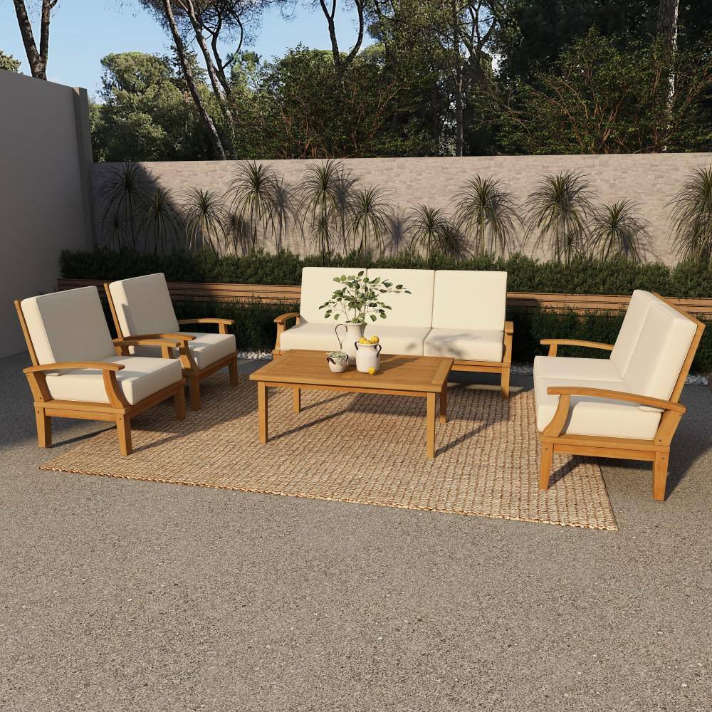 Brown Teak Wood 5-Piece Outdoor Seating Set with Cushions