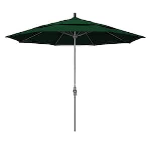 11 ft. Hammertone Grey Aluminum Market Patio Umbrella with Collar Tilt Crank Lift in Forest Green Sunbrella