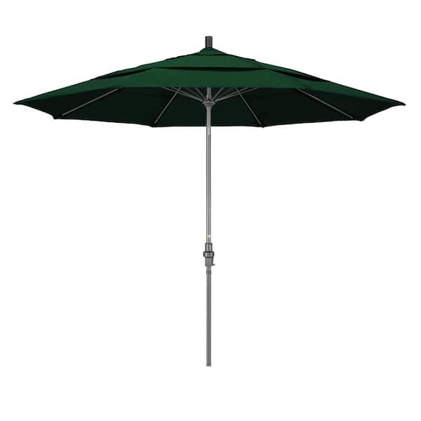 California Umbrella 11 ft. Hammertone Grey Aluminum Market Patio Umbrella with Collar Tilt Crank Lift in Hunter Green Olefin