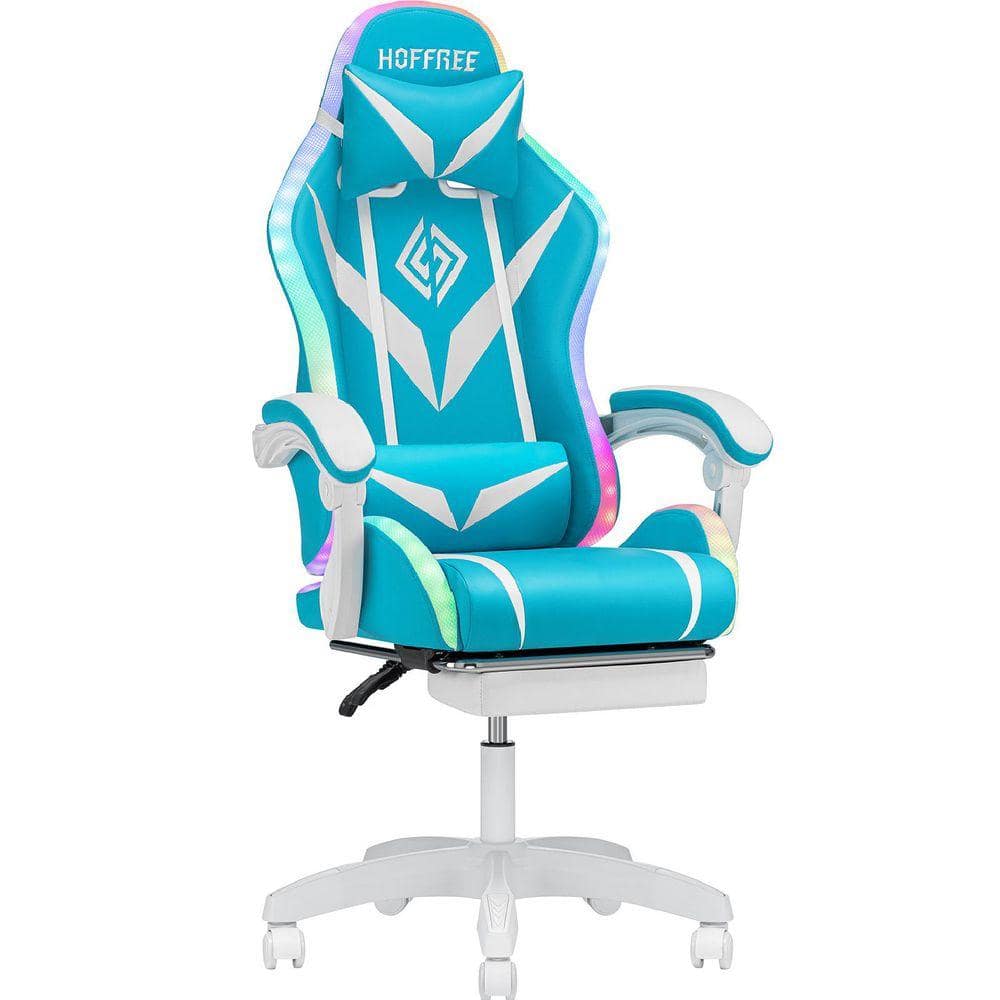 Faux Leather Massage Ergonomic Gaming Chair in Sky Blue with LED Lights Footrest
