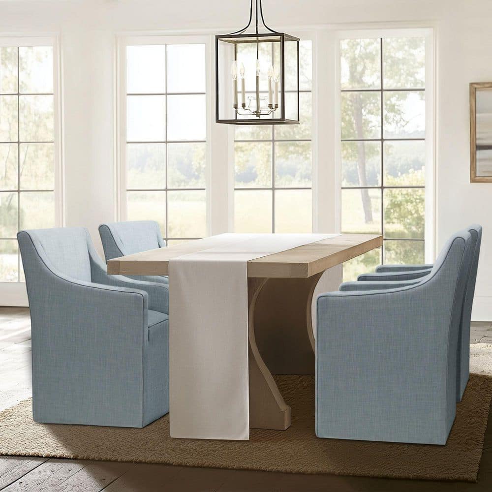 Blue Upholstered Skirted Dining Arm Chair with Casters