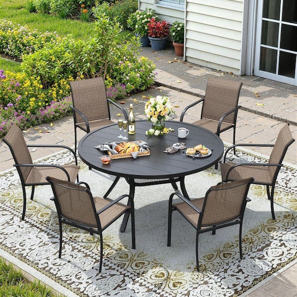 7-Piece Metal Outdoor Dining Set with Black Round Table and 6 Brown Stackable Dining Chairs for 6 Person