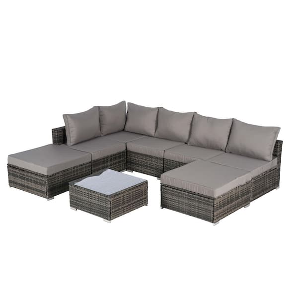 Tenleaf 8-Piece Wicker Patio Conversation Set with Dark Gray Cushions, Glass Coffee Table