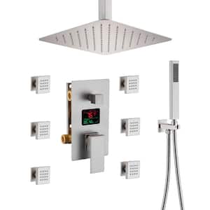 LED Display 3 Spray Patterns 12in. Ceiling Mount Fixed and Handheld Shower Head in Brushed Nickel 2.5 GPM Valve Included