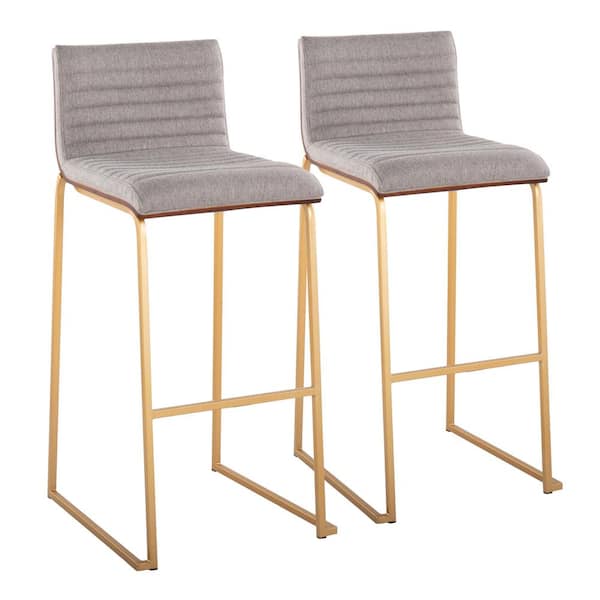 Lumisource Mason Mara 38.75 in. Grey Fabric and Gold Metal High Back Bar Height Bar Stool with Walnut Wood Seat Back (Set of 2)