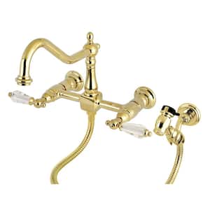 Victorian Crystal 2-Handle Wall-Mount Standard Kitchen Faucet with Side Sprayer in Polished Brass