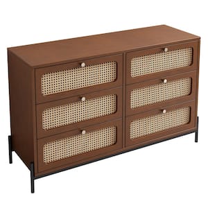 Modern Cannage Rattan 6-Drawer Walnut Dresser: Versatile Storage Cabinet for Bedroom, Living Room, Entryway, or Hallway