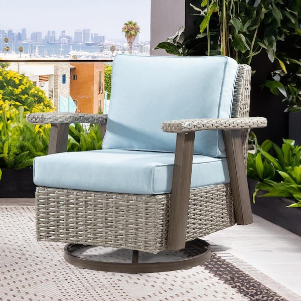 JOYSIDE Wicker Patio Outdoor Rocking Chair Swivel Lounge Chair with Baby Blue Cushion