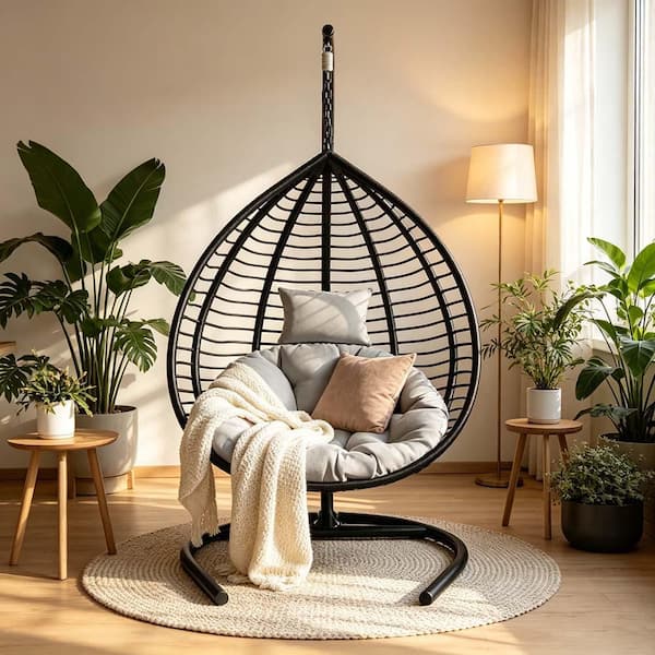 Black Metal Patio Swing Egg Chair with Gray Cushion,Hanging Egg Chair with Stand,Wicker Hammock Swing Chair for Balcony