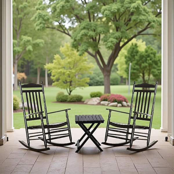 Wood Outdoor Rocking Chair for Adults 3-Piece Rocker Set with Outside Side Table for Patio Porch Lounge Balcony, Black
