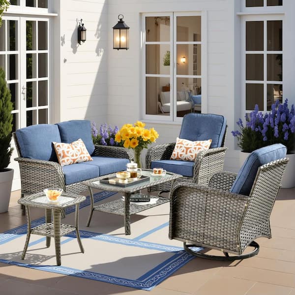 Missisi Gray 5-Piece Wicker Patio Conversation Set with Denim Blue Cushions and Swivel Chairs