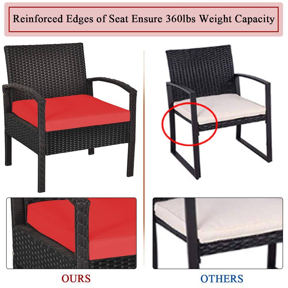 Red Cushioned Black Rattan 2-Person Patio Conversation Set