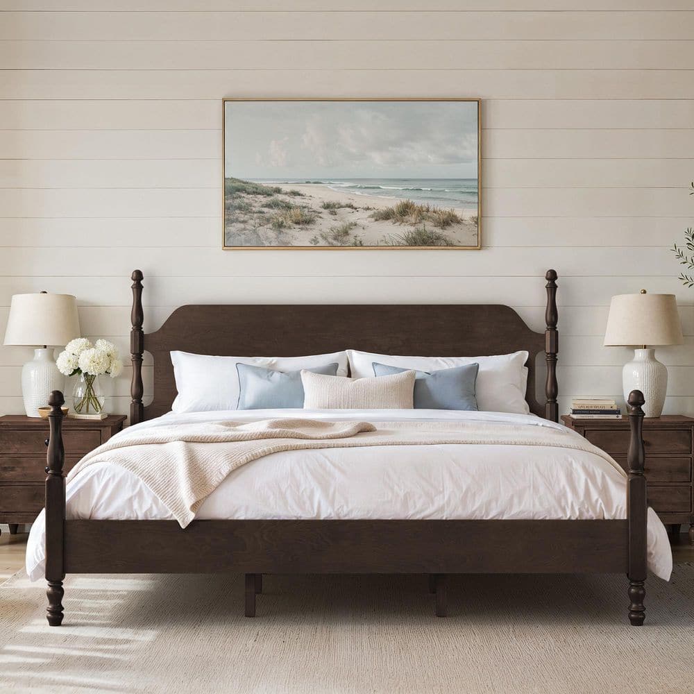 Theodor Morocco Brown Solid Wood Frame King Modern Farmhouse Platform Bed Frame with Spindle Posts