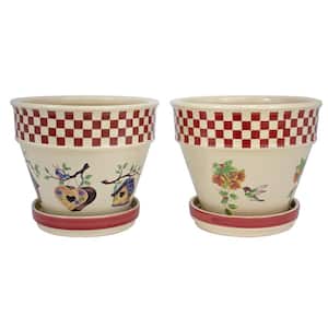 6 in. Floral and Birdhouse Ceramic Planters (Set of 2)
