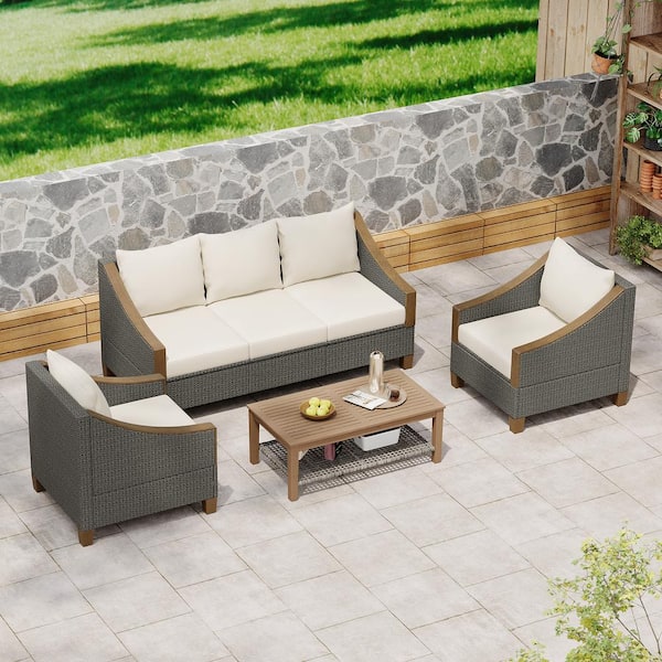 Unbranded Grey 4-Piece Rattan Wicker Patio Conversation Sectional Seating Set with Coffee Table and Beige Cushions