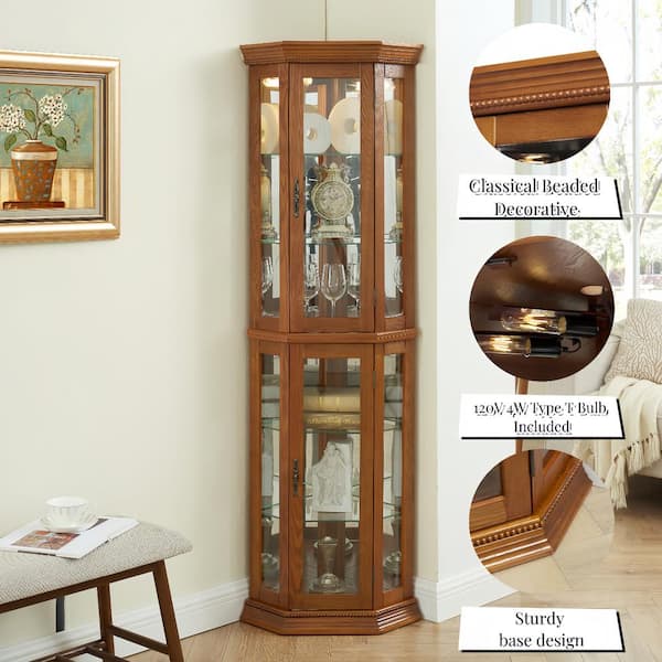 16 Bottle Oak Corner Curio Cabinet Lighted Corner Display Glass Display Shelf Shelving with Glass Door Wine Rack W2275P1gw6g The Home Depot