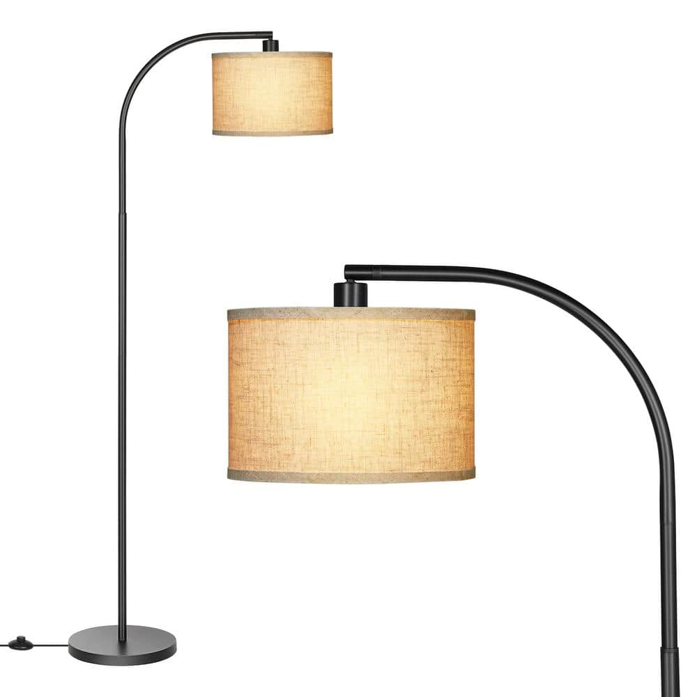63.4 in. Black 1-Light Arched Floor Lamp for Bed Room with Fabric Drum Shade