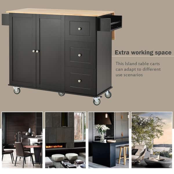 Ziyudura Black Wood 53 in. Kitchen Island with Drop Leaf