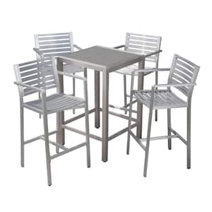 Cape Coral Silver 5-Piece Aluminum Outdoor Bar Height Bistro Set with Gray Faux Rattan Top Table